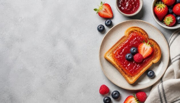 Sweet Start: A slice of golden toast generously spread with vibrant red jam and topped with fresh berries and raspberries offers a delightful breakfast.