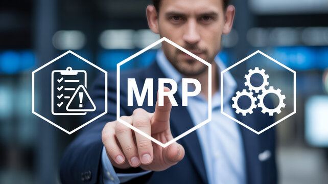 Businessman interacting with mrp software icons for manufacturing process optimization