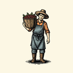 Obraz premium Vintage style illustration of a coffee farmer carrying a basket of coffee cherries.