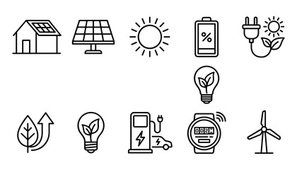 Clean energy icons with solar panels house sun battery electric car charger and wind turbine © Ataur