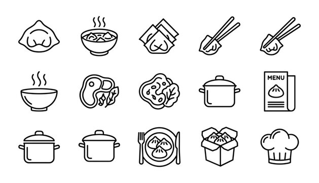 Collection of Asian food icons with steam soup dumplings and cooking pots for restaurant branding