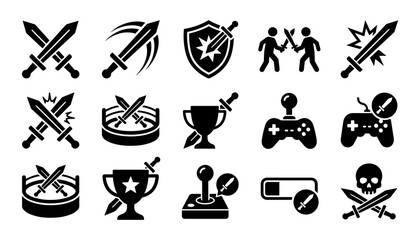 Gaming Icons Crossed Swords and Controllers with Trophy and Skull in Bold Silhouette Style © Ataur