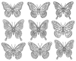 Fototapeta premium Butterfly coloring page templates 3x3 grid