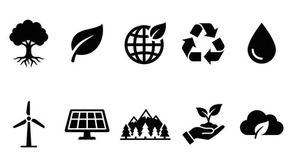 Obraz premium Sustainable eco icons with renewable energy and nature symbols on white background