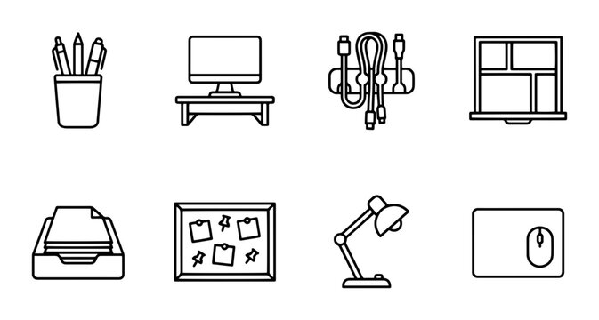 Office Supplies and Technology Icons, Desk Organization Elements, Workspace Accessories, Modern Line Art Set