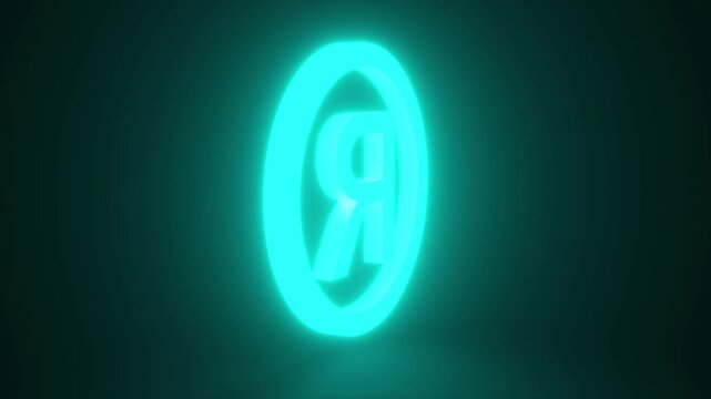 Cyan Registered Sign Glowing and Rotating on Black Background