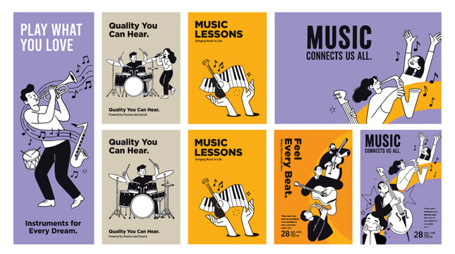 Creative illustrations showcase people playing various instruments, attending music lessons, and experiencing the joy of music.