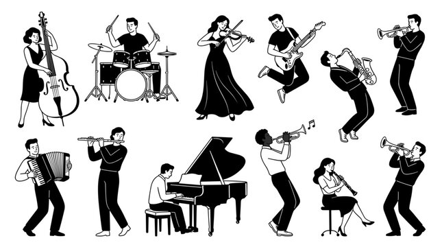 A collection of stylized, black and white illustrations of people playing musical instruments, including a double bass, drums, guitar, saxophone, trumpet, piano, accordion, flute, and clarinet.