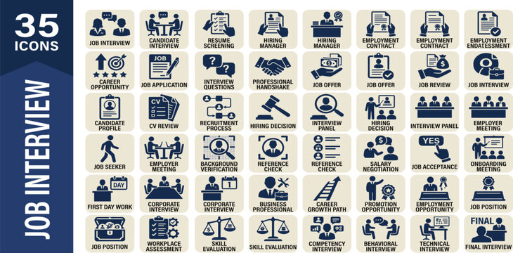 Job interview solid icon set for human resources. Editable vector icons for hiring process, employment, career growth, corporate business layout.