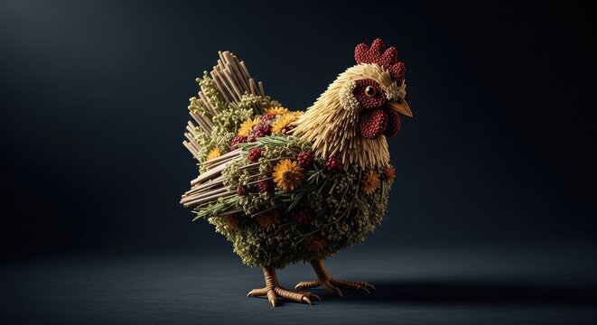 Colorful Hen Standing on Dark Background.