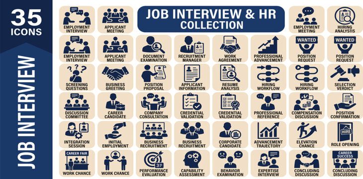 Job interview solid icon set for human resources. Editable vector icons for hiring process, employment, career growth, corporate business layout.