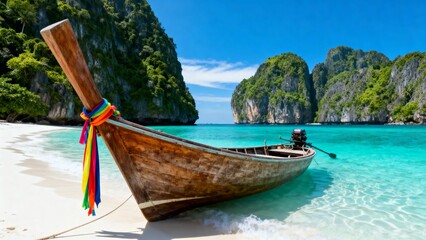 Fototapeta premium Scenic view of a traditional Thai wooden boat on a white sand beach with crystal clear turquoise water and majestic limestone cliff. Idyllic tropical holiday and travel destination.