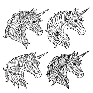 Set of four detailed zentangle style unicorn heads for coloring.