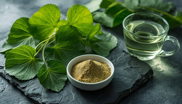 Fresh gotu kola leaves with centella asiatica extract powder in a white bowl and a glass cup of herbal tea on stone slate.