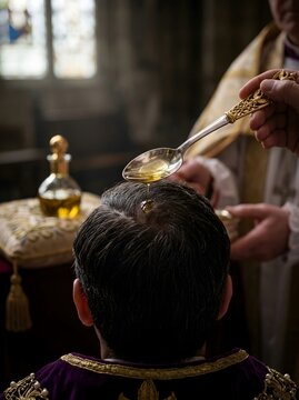 Ornate Gold Anointing Spoon Pouring Holy Oil During Sacred Coronation Ritual Ceremony