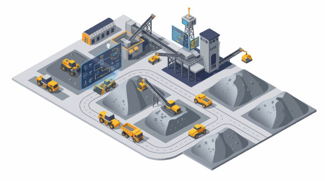 Industrial mining complex with heavy machinery and raw materials.