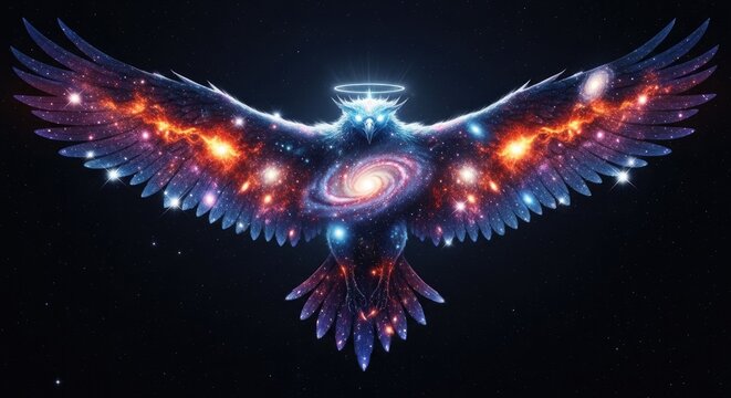 Glowing Bird with Cosmic Energy Wings Spread.