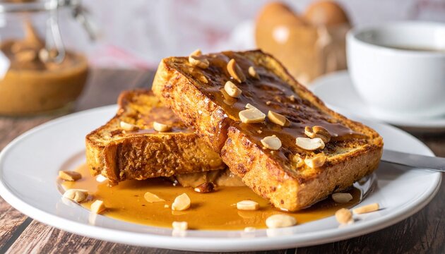 Delicious French toast with caramelized bananas and nuts on a plate