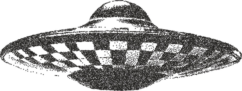 Alien retro y2k stipple design ufo halftone brutalist urban vector png with clear background, extraterrestrial 2000s photocopy grunge tattoo gen z effect