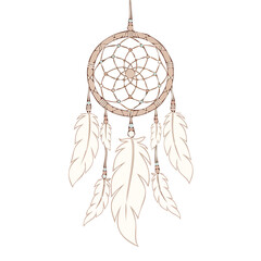 Obraz premium Elegant spiritual dreamcatcher design featuring delicate woven patterns, soft flowing feathers, and small ornamental beads, evoking a sense of tranquility and protection