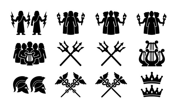 Ancient Greek Mythology Icons, Zeus, Poseidon, Hades, Lyre, Trident, Helmets, Crowns, Vector Set