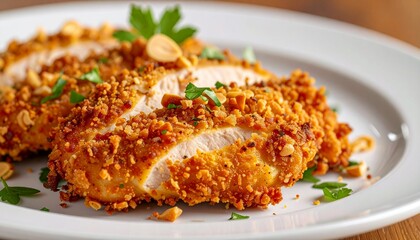 Fototapeta premium Crispy fried chicken breast slices on a white plate with herbs