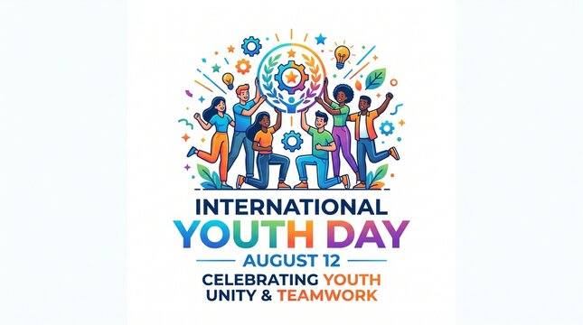 International youth day illustration with diverse young people working together for a better future