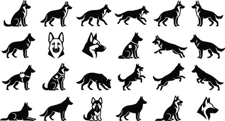 Fototapeta premium German shepherd dog silhouettes set vector icons featuring police canine in different poses sitting standing running walking jumping head portrait and puppy.