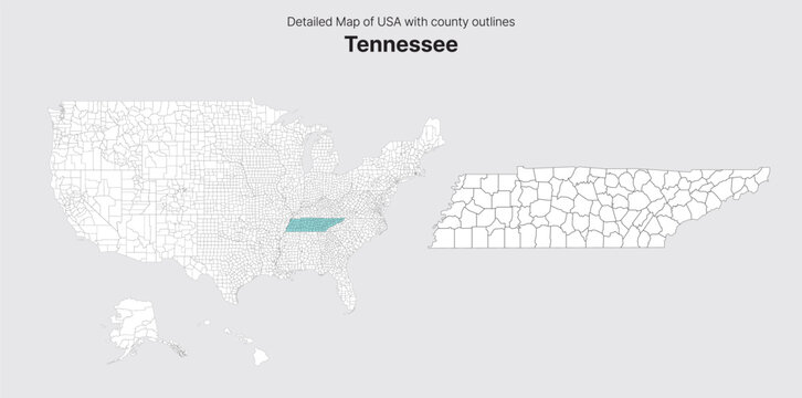 Vector US State and County Boundary Map.
Tennessee map.
