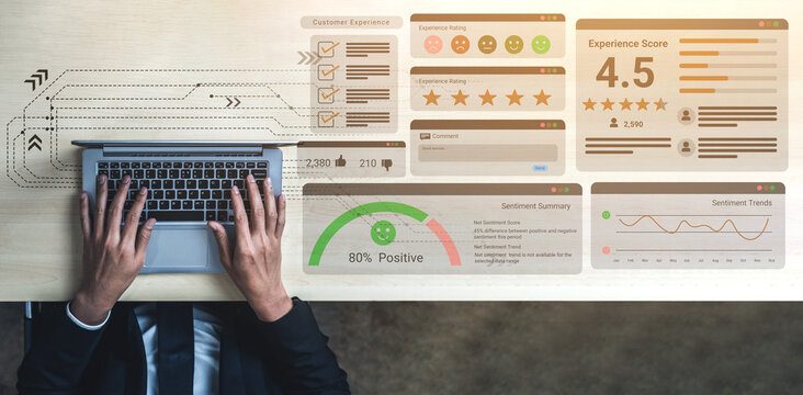 Feedback system with ratings, sentiment meter, and charts representing customer satisfaction and experience analysis Parse