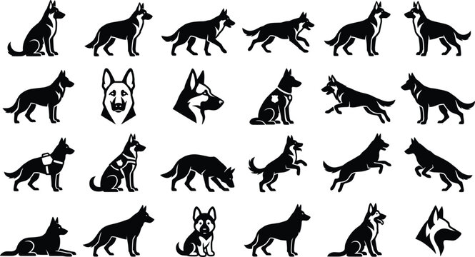 German shepherd dog silhouettes set vector icons featuring police canine in different poses sitting standing running walking jumping head portrait and puppy.