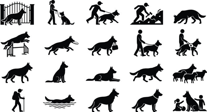 Working german shepherd silhouettes vector icons set depicting police canine training tracking rescue herding swimming guarding service dog and obedience.