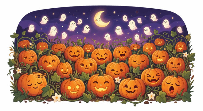 Cute Halloween illustration with happy jack-o'-lanterns, smiling pumpkins, and friendly ghosts under a crescent moon at night.