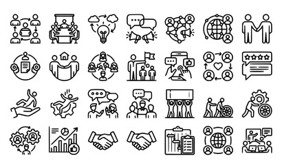 Fototapeta premium Professional Teamwork and Social Engagement Line Icons Set Editable Stroke Vector Collection
