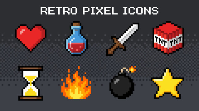 Retro pixel art icon set collection.