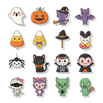 Cute Cartoon Halloween Characters Vector Set. Adorable Spooky Icons Including Ghost, Pumpkin, Bat, Witch, Vampire, Mummy for Festive Design.