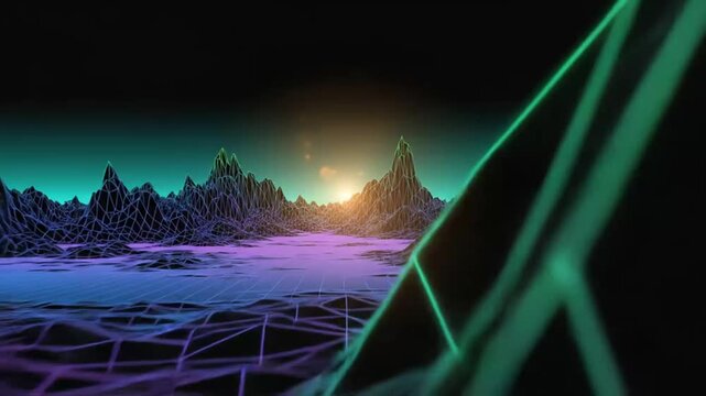Futuristic digital landscape with neon lights.