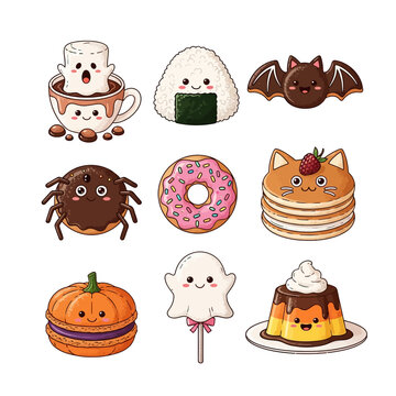 Adorable Kawaii Food and Dessert Characters. Cute Halloween Treats, Japanese Onigiri, Donut, Pancakes, Pudding Illustrations.