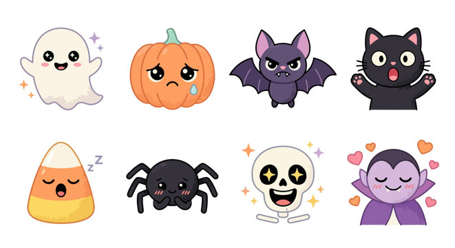 Cute Halloween cartoon character collection with spooky ghost, pumpkin, bat, black cat, candy, spider, skull, and vampire illustrations.