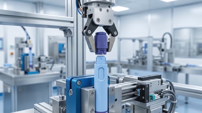 Robotic arm holding a plastic component above another component for assembly in a cleanroom