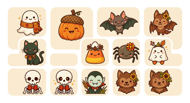 Cute Halloween and Autumn Characters Set. Adorable Chibi Cartoon Illustrations of Spooky Ghosts, Pumpkins, Bats, Skeletons, and Monsters.