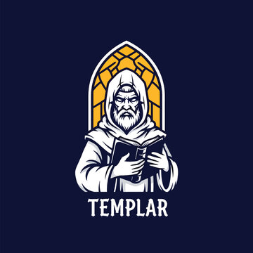 Old monk reading a holy book in a cathedral archway.