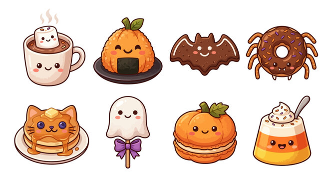Adorable Kawaii Halloween Food and Dessert Illustrations Set: Cute Pumpkin, Ghost, Bat, Spider, Hot Chocolate, Pancakes.
