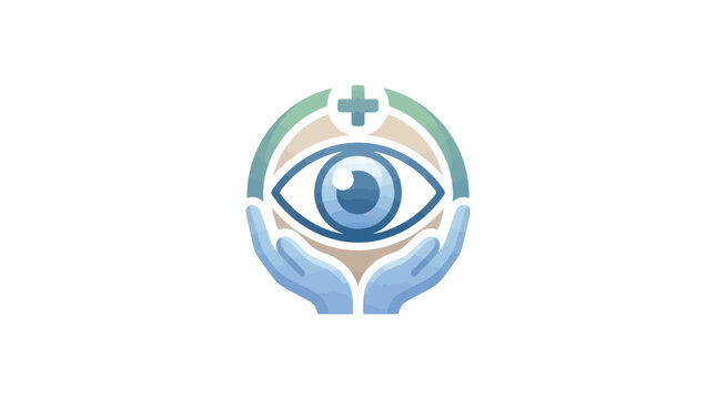 Eye care logo with hands and medical cross, vision health symbol