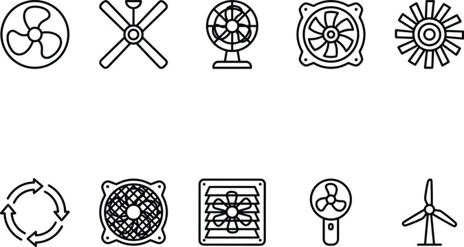 Collection of fan icons in a clean line art style with white background for technology concepts