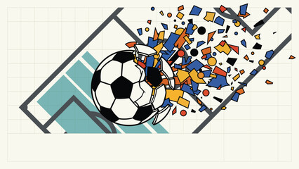 Soccer ball exploded with cofetti on abstract soccer field background retro style have blank space. © Wasitt