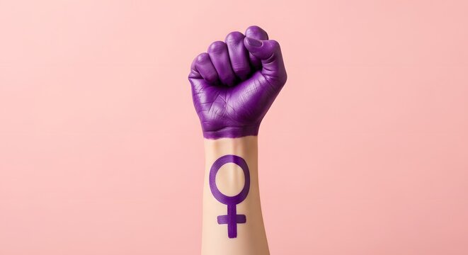 Purple painted female fist raised in power with venus gender symbol on wrist over plain pink background