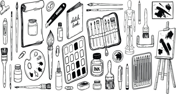 Hand drawn art supplies vector elements set with sketchbook brushes paint palette and easel on white backdrop