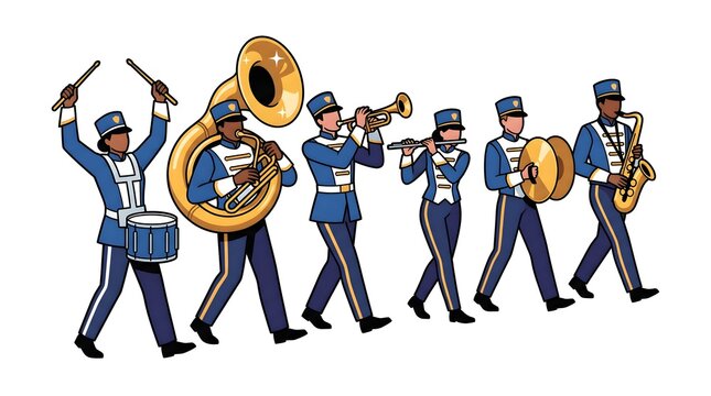 Marching Band Musicians Playing Instruments Parade