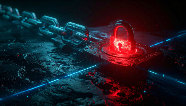 Digital Security: A strong metallic chain linked to a glowing red padlock on a textured surface, illuminated by blue light, symbolizing robust data protection and cybersecurity.